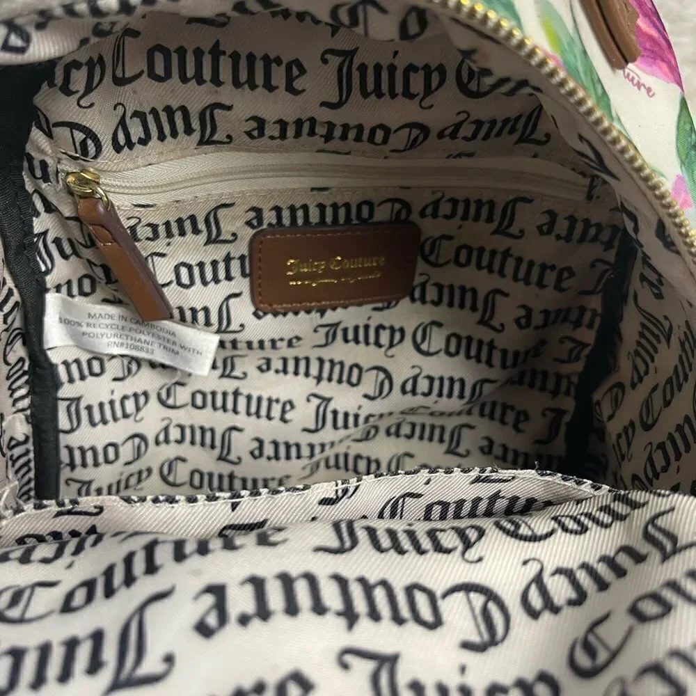 Juicy Couture Nylon mauve roses and green leaf prints mini backpack brown trims.